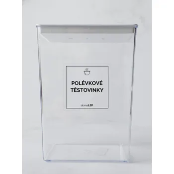 Samolepící etiketa POLÉVKOVÉ TĚSTOVINKY – průhledná samolepka na dózu, tučné písmo, 5 x 5 cm | DomaLEP