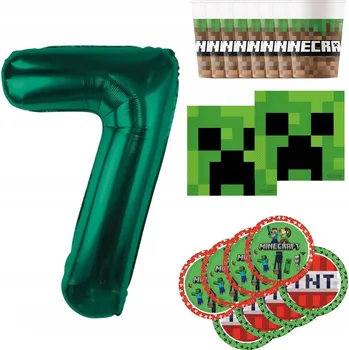 Party nádobí Kelímky 8 ks + talířky 8 ks + ubrousky Minecraft + balónek Číslice 7 85 cm