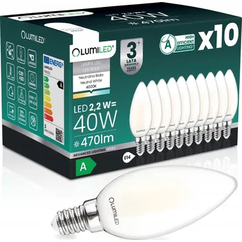 Žárovka 10x LED ŽÁROVKA E14 FILAMENT TŘÍDA A 2,2W 470LM = 40W 4000K 360° SVÍČKA