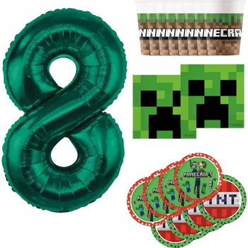 Party nádobí Kelímky 8 ks + Talířky 8 ks + Ubrousky Minecraft + Balónek Číslice 8 85 cm