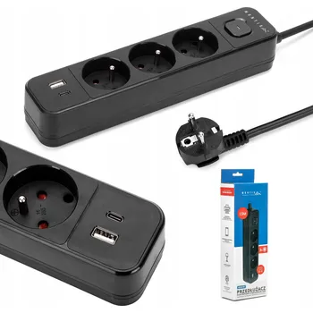 Napájecí kabel PRODLUŽOVACÍ KABEL 3 ZÁSUVKY + USB-A USB-C ČERNÝ 5 m