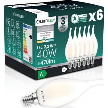 Žárovka 6x LED ŽÁROVKA E14 FILAMENT TŘÍDA A 2,2W 470LM = 40W 4000K 360° SVÍČKA