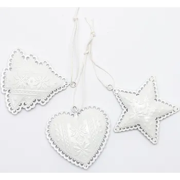 Velikonoční dekorace DECOLED Vánoční ozdoby na stromeček kovové 7 cm, hvězda, srdce, strom, bílá, balení 3 ks