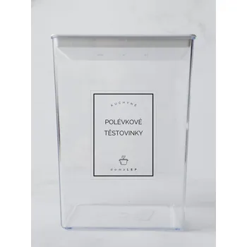 Speciální papír POLÉVKOVÉ TĚSTOVINKY – průhledná samolepka na dózu, základní písmo, 6 x 8 cm | DomaLEP