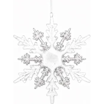 Velikonoční dekorace DECOLED Vánoční ozdoba na stromeček sněhová vločka 15 cm, akryl, závěsná, bílá a čirá