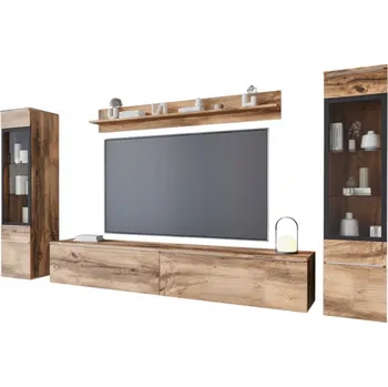 Obývací stěna Nábytková Stěna RTV 180 cm, 2 vitríny a polička, stojící/závěsná matná dub wotan