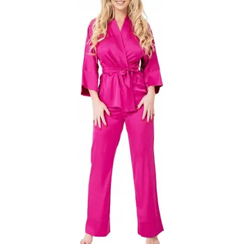 Dámské oblečení DÁMSKÉ PYŽAMO KOMPLET Perai M Fialová Biskupi Dlouhý Set Satén Top