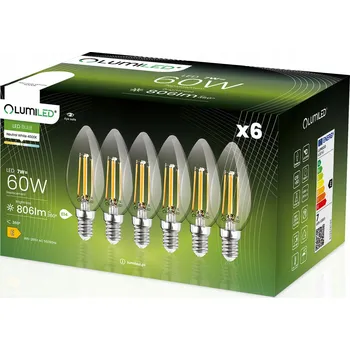 Žárovka 6x LED žárovka E14 svíčka filament 7W = 60W dekorativní 4000K LUMILED