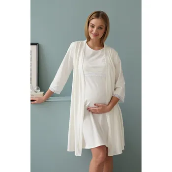 Těhotenská móda Těhotenský set v barvě ecru bavlněný (těhotenská - kojící noční košilka + župánek) Velikost: M