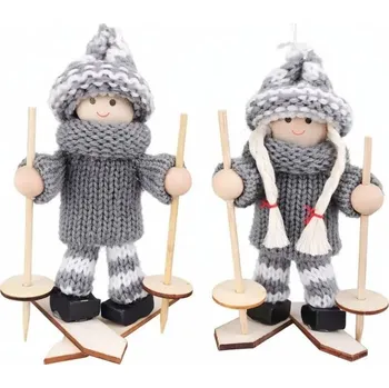 Vánoční dekorace DECOLED Vánoční dřevěná ozdoba na stromeček lyžař a lyžařka, 13,5 × 7,5 cm, příze, závěsná