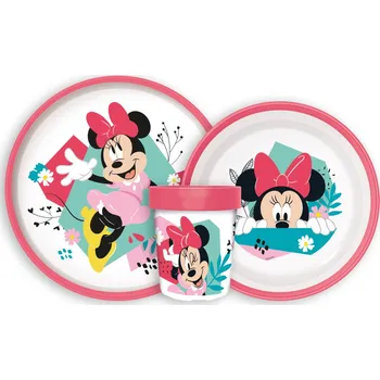 Jídelní set Storline Dětský plastový jídelní set MINNIE s protiskluzem a kelímkem růžový