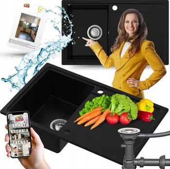 Granitový dřez GRANITOVÝ DŘEZ JEDNOKOMOROVÝ ČERNÝ S ODKAPÁVAČEM + BATERIE DÁVKOVAČ