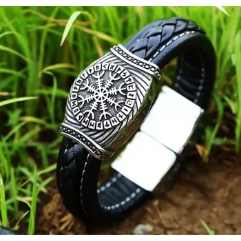 Náramek B-TOP Vikingský tkaný kožený náramek se severskými runami a kompasem