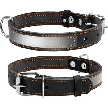 Petproducts Reflexní černý kožený obojek 38-50 cm