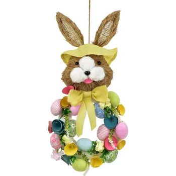 Velikonoční dekorace DOMMIO Velikonoční dekorace - Věnec se zajícem a vajíčky, žlutý, 57 × 25 cm
