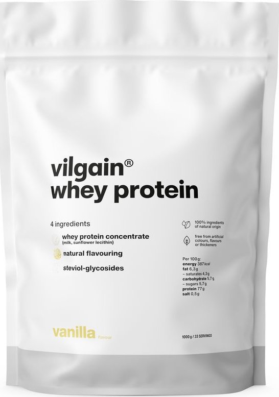 Vilgain Whey Protein –⁠ ultrafiltrovaný metodou CFM za nízkých teplot, vysoký obsah bílkovin a BCAA, slazený steviol-glykosidy - vanilka 1 000 g