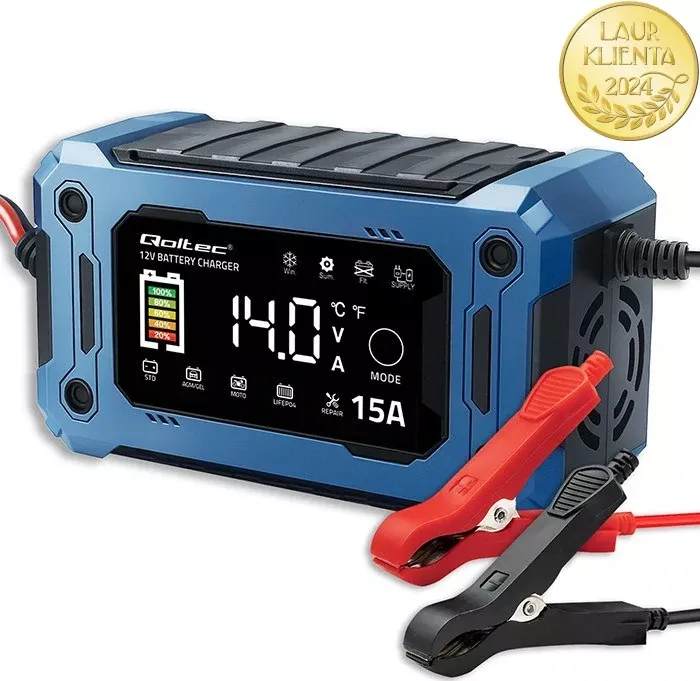 *Qoltec 52496 Intelligent Charger 12 V 15 A | Mikroprocesorová nabíječka LiFePO₄ / AGM / GEL s LCD displejem a režimem 14 V pro údržbu napětí (Inteligentní mikroprocesorová nabíječka 12 V 15 A s LCD displejem pro LiFePO₄, AGM, GEL, SLA a WET baterie. Nabí