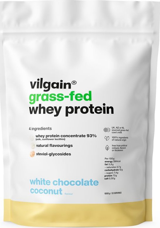 Vilgain Grass-Fed Whey Protein –⁠ z mléka krav krmených trávou z udržitelných chovů, slazený stévií, ultrafiltrovaný za nízkých teplot - bílá čokoláda a kokos 1 000 g