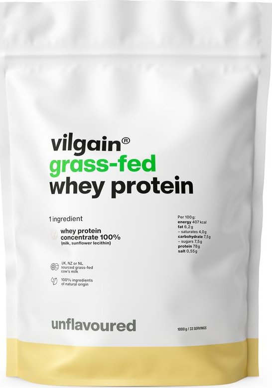 Vilgain Grass-Fed Whey Protein –⁠ z mléka krav krmených trávou z udržitelných chovů, slazený stévií, ultrafiltrovaný za nízkých teplot - bez příchutě 1 000 g