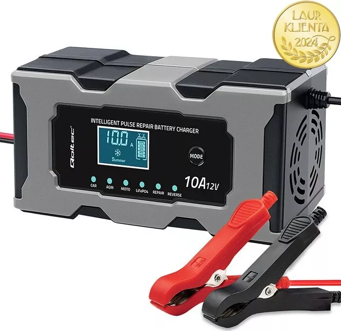 *Qoltec 52493 Inteligentní nabíječka baterií řízená mikroprocesorem LiFePO4, AGM, GEL, STD, WET | s funkcí opravy | 12V | 10A | LCD | 5 – režimu nabíjení (Inteligentní nabíječka s mikroprocesorem pro 12V baterie. Ideální pro AGM, GEL a olověné baterie v)