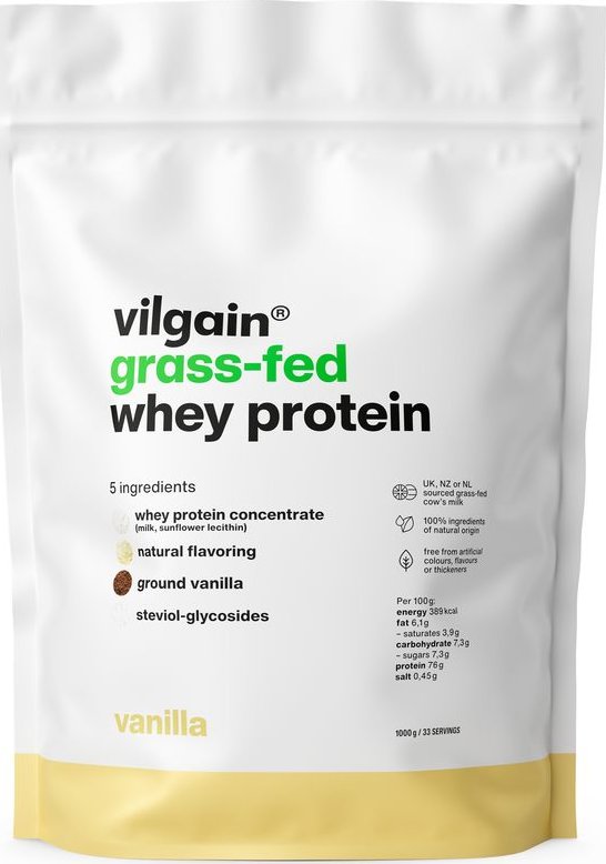 Vilgain Grass-Fed Whey Protein –⁠ z mléka krav krmených trávou z udržitelných chovů, slazený stévií, ultrafiltrovaný za nízkých teplot - vanilka 1 000 g