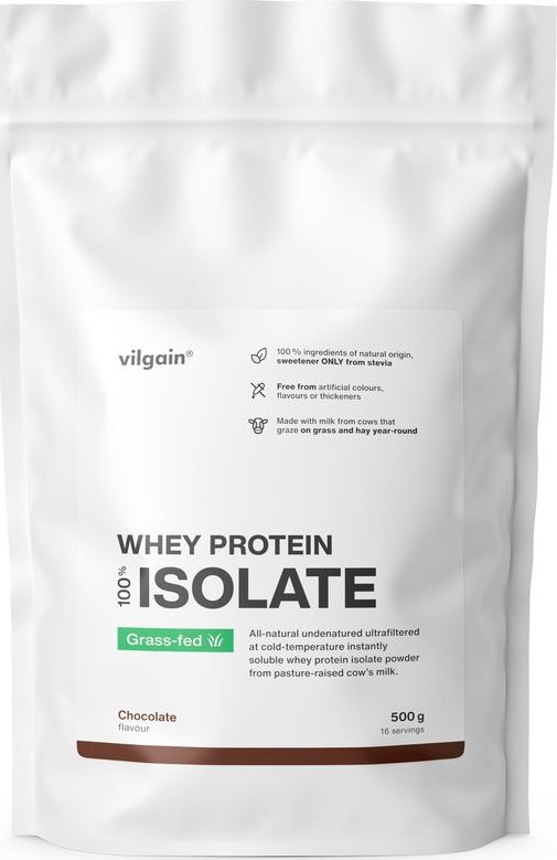 Vilgain Grass-Fed Whey Protein Isolate –⁠ rychle vstřebatelný, přírodně doslazený protein s minimem cukru a tuku - čokoláda 500 g