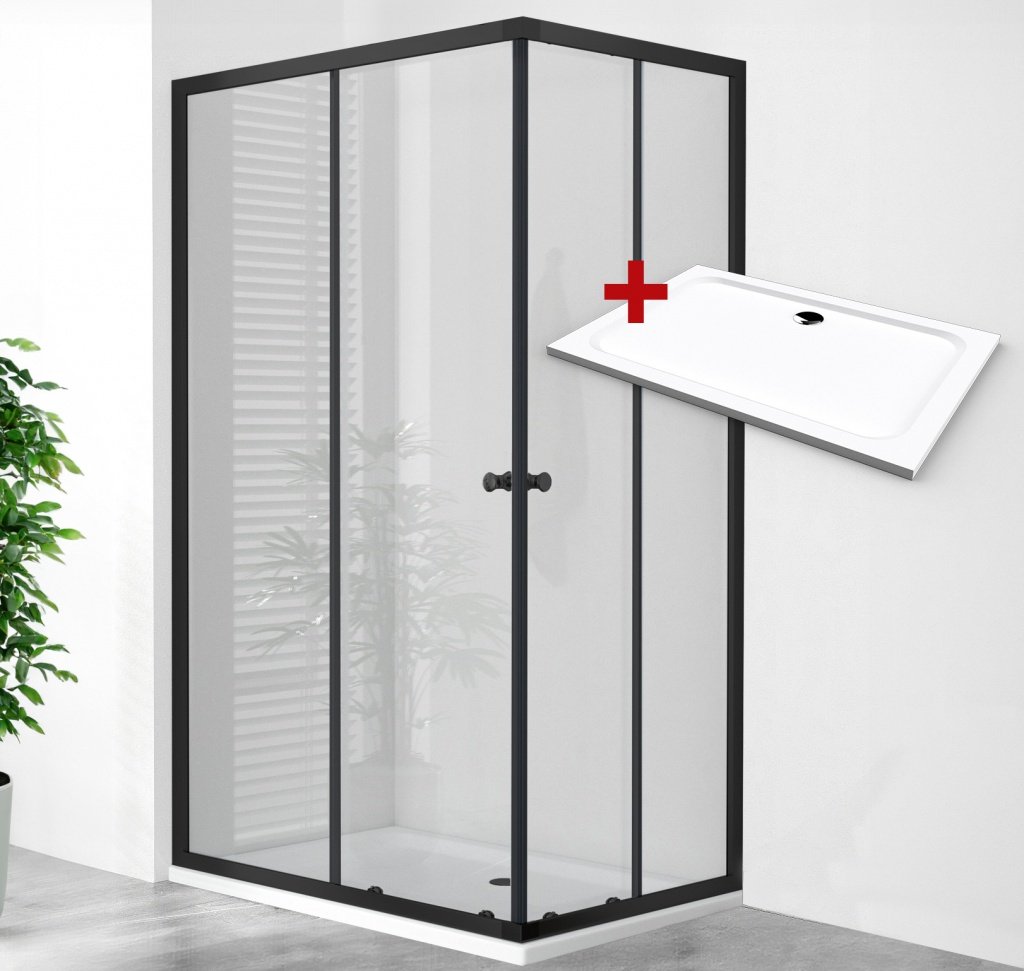 WellMall POINT BLACK ROCKY 100x70 Clear Obdélníkový sprchový kout s mramorovou vaničkou
