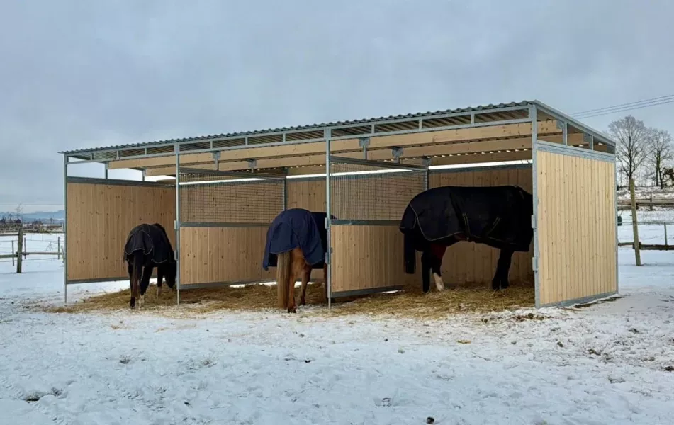 Dřevěný přístřešek pro koně 3 x 9 m se závorami a dělícími stěnami, Rozměr přístřešku (šířka/délka) 3 x 9 m
