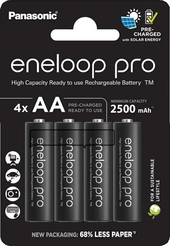 *Panasonic Eneloop PRO AA 2500mAh (R6) dobíjecí baterie BK-3HCDE/4BE – 4 ks, Ni-MH, vysoká kapacita, dlouhá životnost (Výkonné dobíjecí baterie AA Panasonic Eneloop PRO 2500mAh (R6) s dlouhou životností, nízkým samovybíjením a spolehlivým výkonem i při)