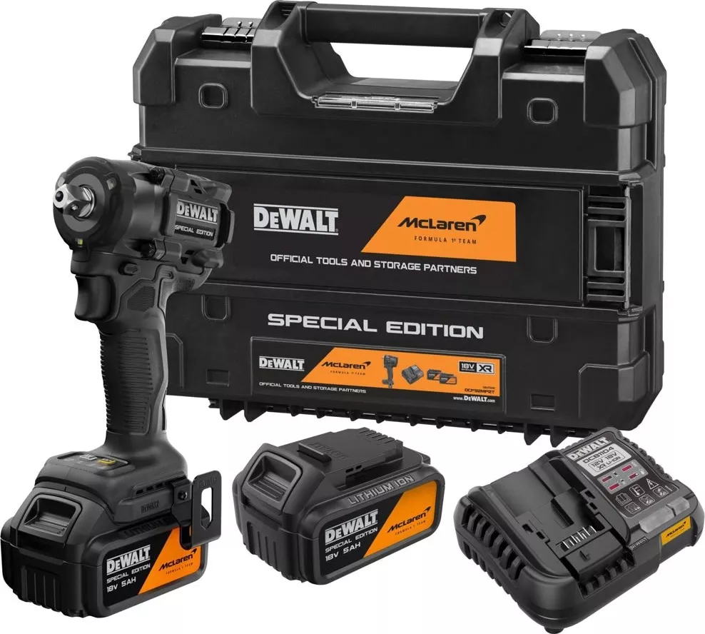 DCF92MP2T-QW DEWALT MCLAREN 18V AKU BEZUHLÍKOVÝ 1/2" RÁZOVÝ UTAHOVÁK, 2 X 5,0 AH BATERIE, NABÍJEČKA, KUFR T-STAK