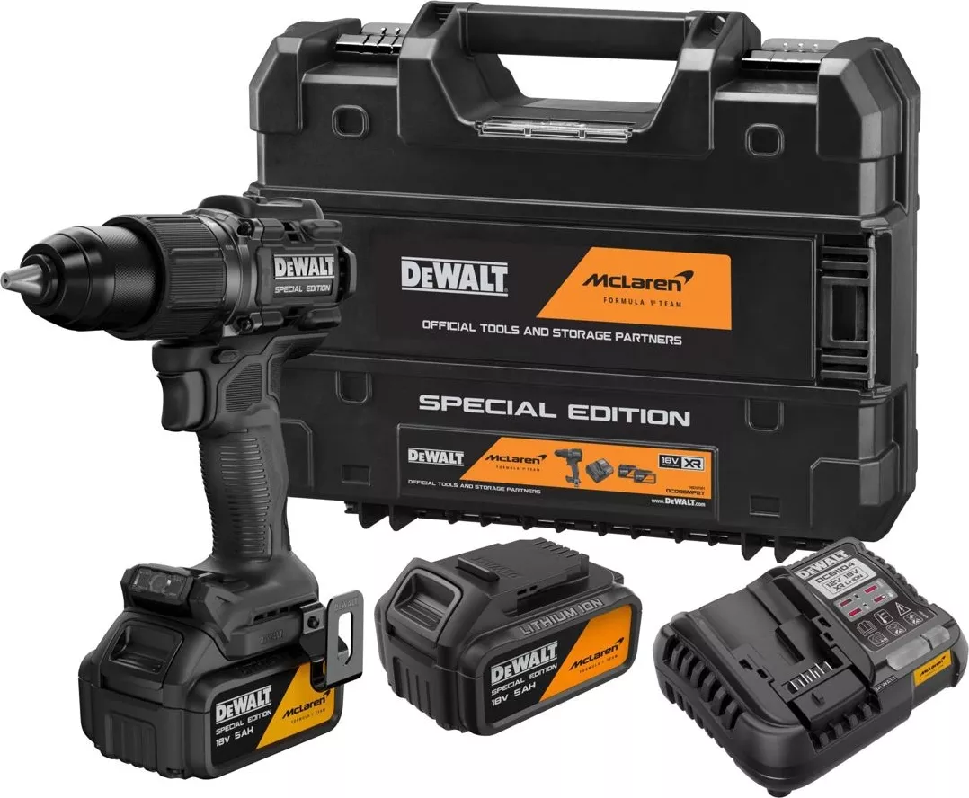 DCD86MP2T-QW DEWALT MCLAREN 18V AKU BEZUHLÍKOVÁ PŘÍKLEPOVÁ VRTAČKA, 2 X 5,0 AH BATERIE, NABÍJEČKA, KUFR T-STAK