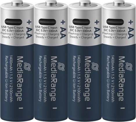 MediaRange nabíjecí USB-C Li-Ion baterie Mignon AA, 1,5V, 1400 mAh, 4ks 1720487