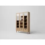 DM masiv SCANDIA Třídveřová retro vitrína se zásuvkami SC-D02F, dub: Bílá - Transparentní — hnědá, Bílá - Transparentní