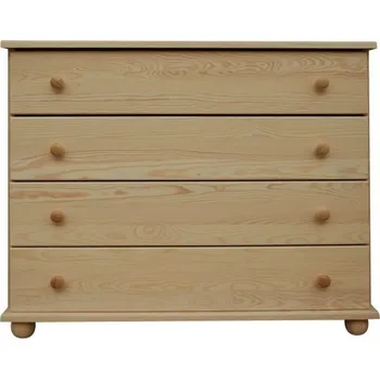 Komoda DM masiv Široká Komoda 4 zásuvková - Prádelník na koulích KL-137, masiv borovice: Bílá - Transparentní — hnědá, borovice