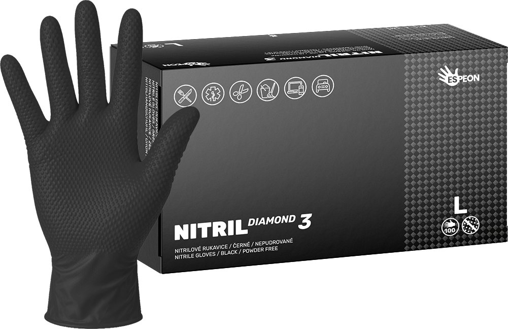Espeon Nitrilové rukavice NITRIL DIAMOND3 100 ks, nepudrované, černé, 8.0 g Velikost: L