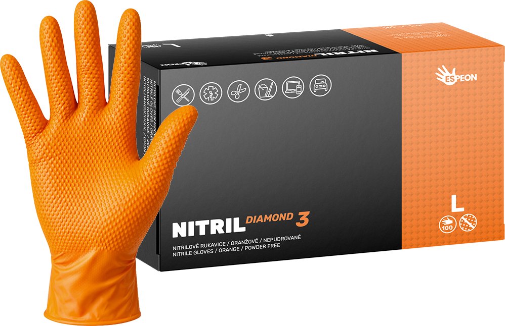 Espeon Nitrilové rukavice NITRIL DIAMOND3 100 ks, nepudrované, oranžové, 8.0 g Velikost: L