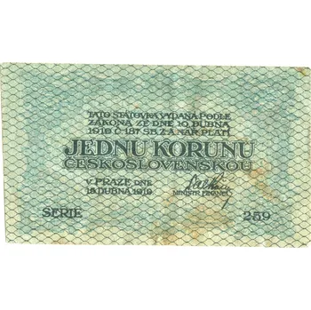 ČESKOSLOVENSKO. 1 koruna 1919. Série 259. Nov. 6.