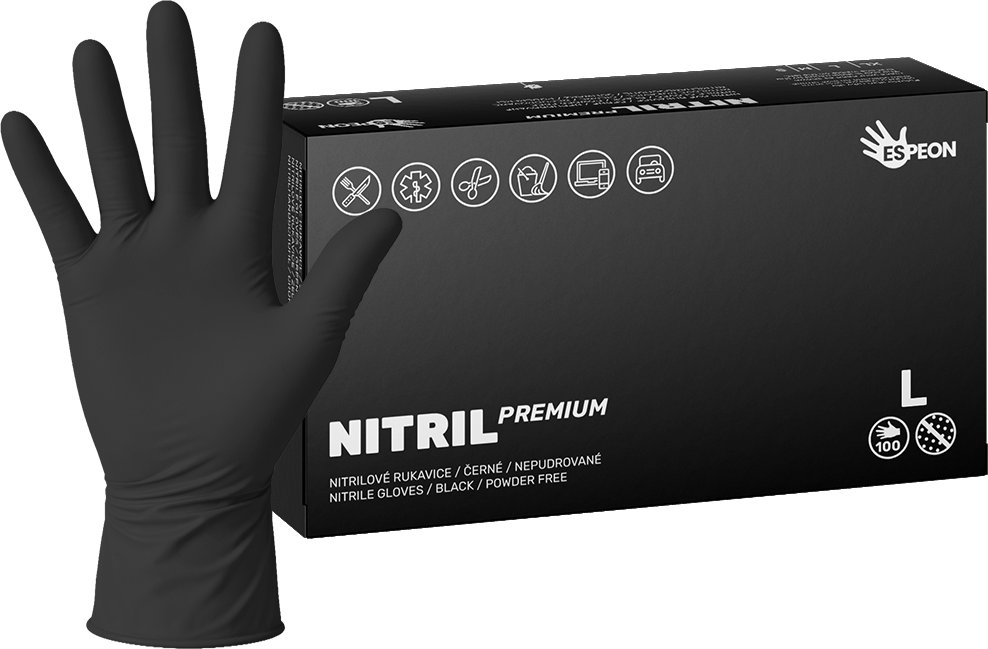Espeon Nitrilové rukavice NITRIL PREMIUM 100 ks, nepudrované, černé, 4.0 g Velikost: L