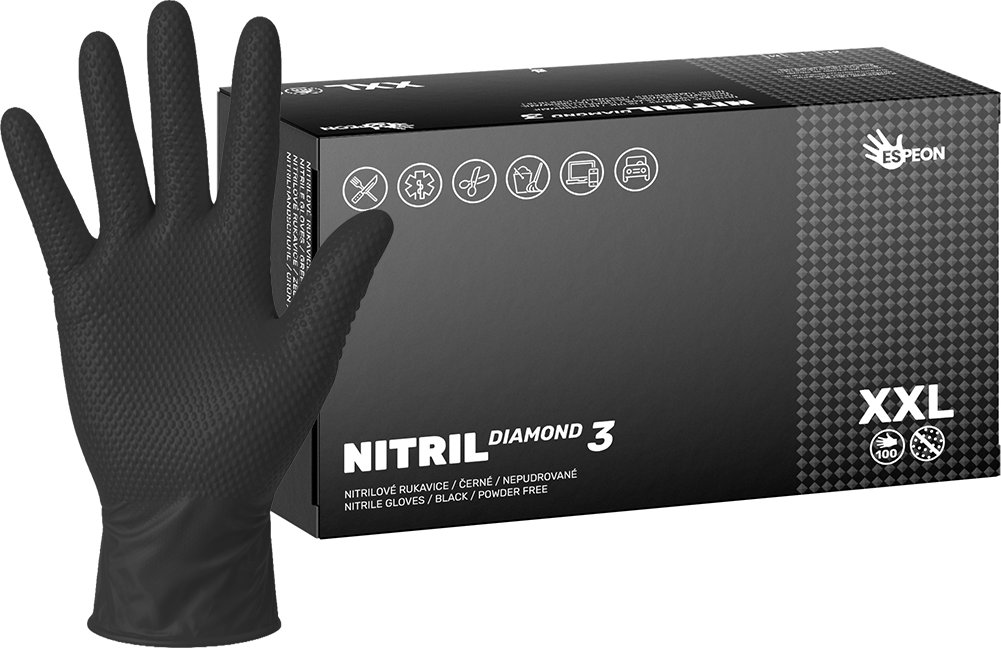 Espeon Nitrilové rukavice NITRIL DIAMOND3 100 ks, nepudrované, černé, 8.0 g Velikost: XXL