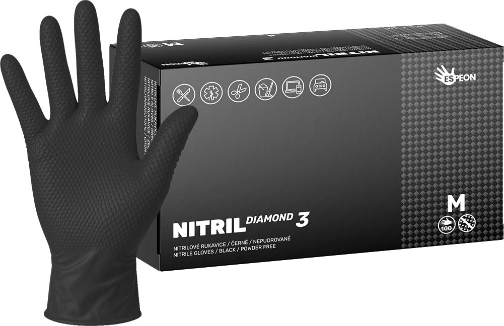 Espeon Nitrilové rukavice NITRIL DIAMOND3 100 ks, nepudrované, černé, 8.0 g Velikost: M
