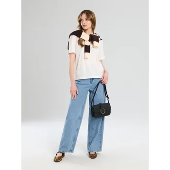 Dámské tričko Sinsay - Bavlněné tričko s výstřihem do V - krémová - 523EU-01X - 523EU-01X-L