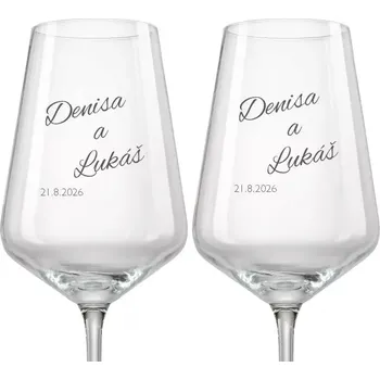Sklenice Svatební skleničky na víno se jmény a datem svatby, 2 ks (Do poznámky v nákupním košíku napište jména novomanželů a datum svatby)