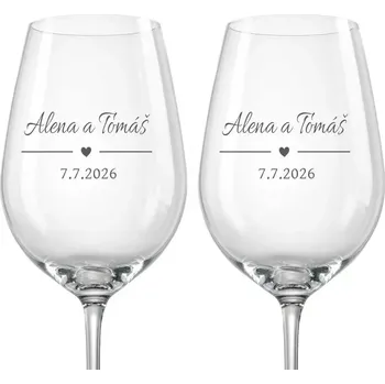 Sklenice Svatební skleničky na víno Srdce se jmény, 2 ks (Do poznámky v nákupním košíku napište jména novomanželů a datum svatby)