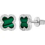 Stříbrné náušnice čtyřlístek Jonet s přírodním malachitem a Brilliance Zirconia
