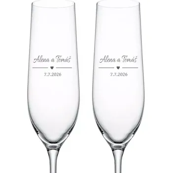 Sklenice Svatební skleničky na sekt Srdce se jmény, 2 ks (Do poznámky v nákupním košíku napište jména novomanželů a datum svatby)