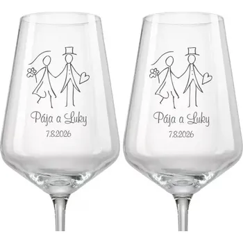 Sklenice Svatební skleničky na víno Novomanželé, 2 ks (Do poznámky v nákupním košíku napište jména novomanželů a datum svatby)