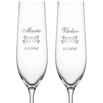Sklenice Svatební skleničky na sekt Holubice, 2 ks (Do poznámky v nákupním košíku napište jména novomanželů a datum svatby)