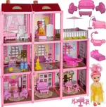 Třípatrový domeček pro panenky s balkonem + panenka + 22 kusů nábytku