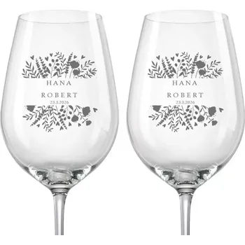 Sklenice Svatební květinové skleničky na víno, 2 ks (Do poznámky v nákupním košíku napište jména novomanželů a datum svatby)