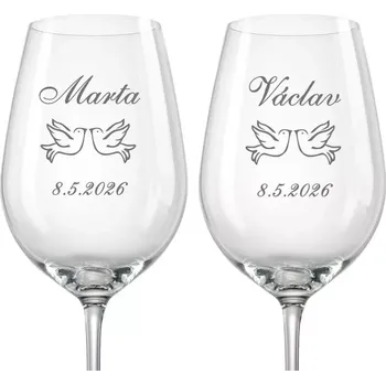 Sklenice Svatební skleničky na víno Holubice, 2 ks (Do poznámky v nákupním košíku napište jména novomanželů a datum svatby)